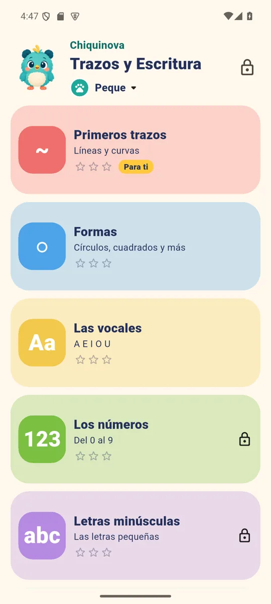 Pantalla de Chiquinova Trazos y Escritura